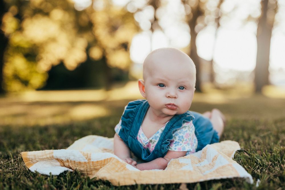 A toddler lies on a blanket in a grassy park on a sunny day with warm natural lighting.