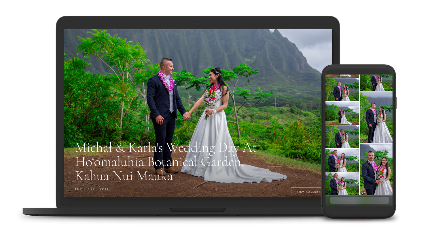 Responsive online photo album showing website displayed across multiple devices with scenic mountain backdrop.