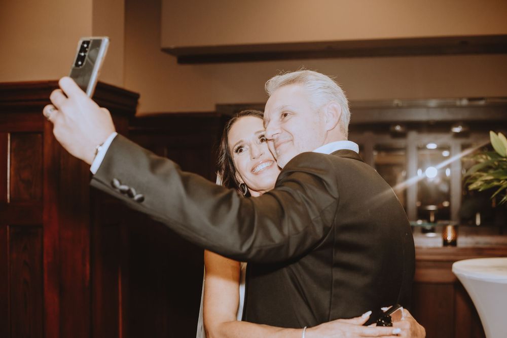 A montage of first dance photos shows a couple dancing in warm indoor lighting at their wedding reception.