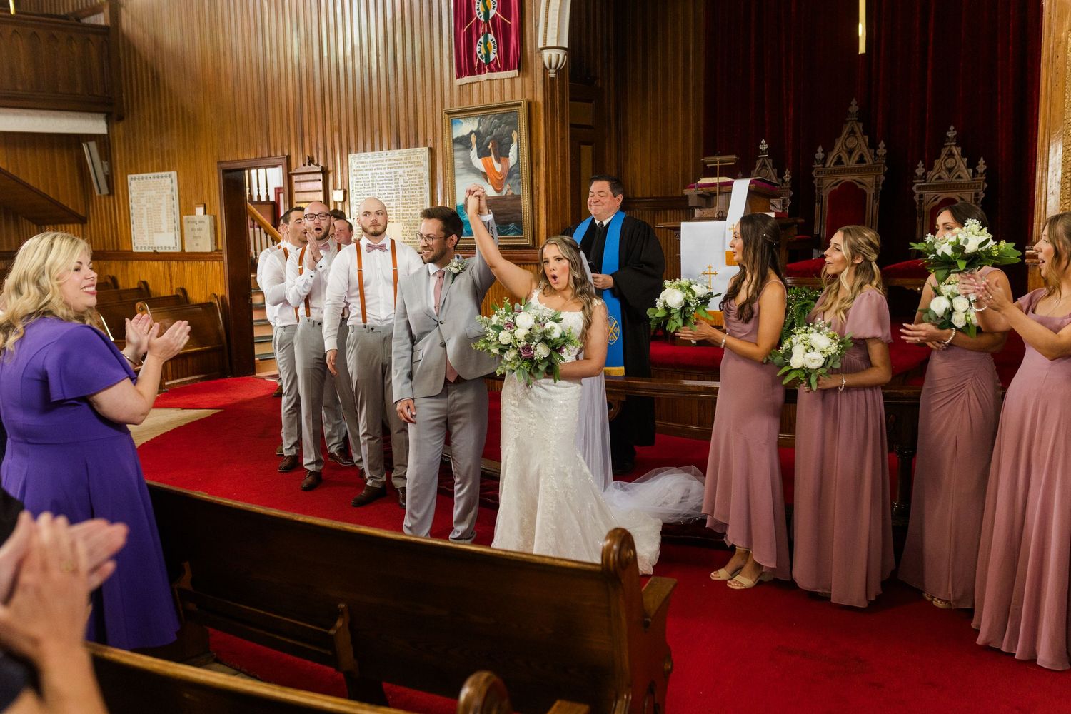 A collection of wedding ceremony photos showing a church interior with wedding party members and traditional decorations.