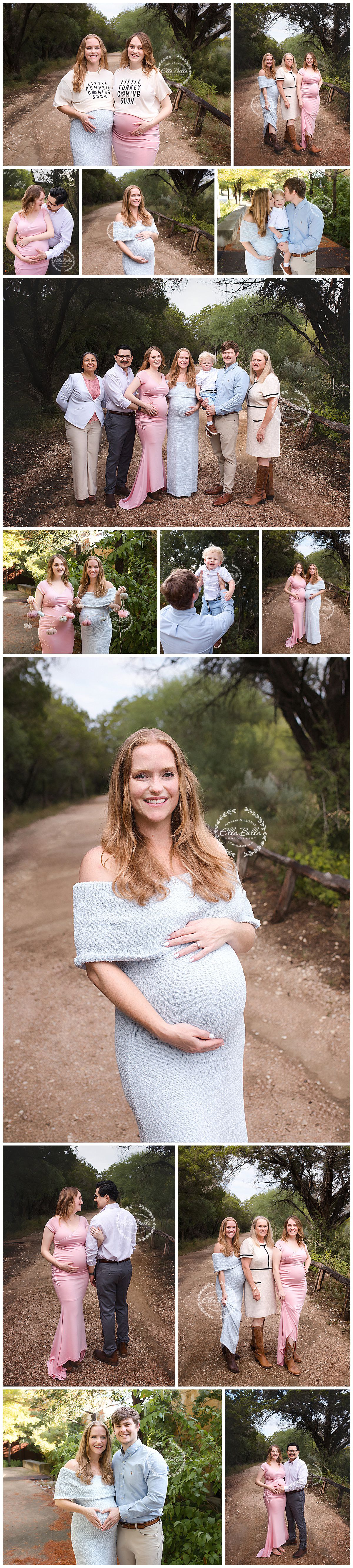A collection of family maternity photos on a nature trail featuring coordinated outfits in soft pink and blue tones.
