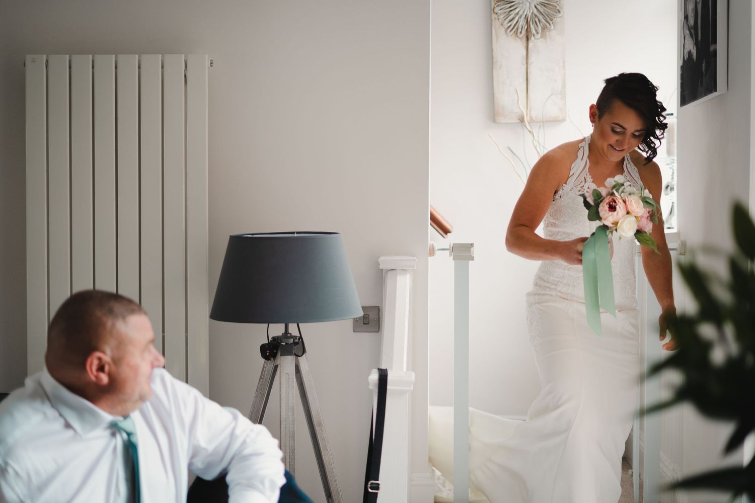 Various expressions of wedding day emotions captured through window reflections.