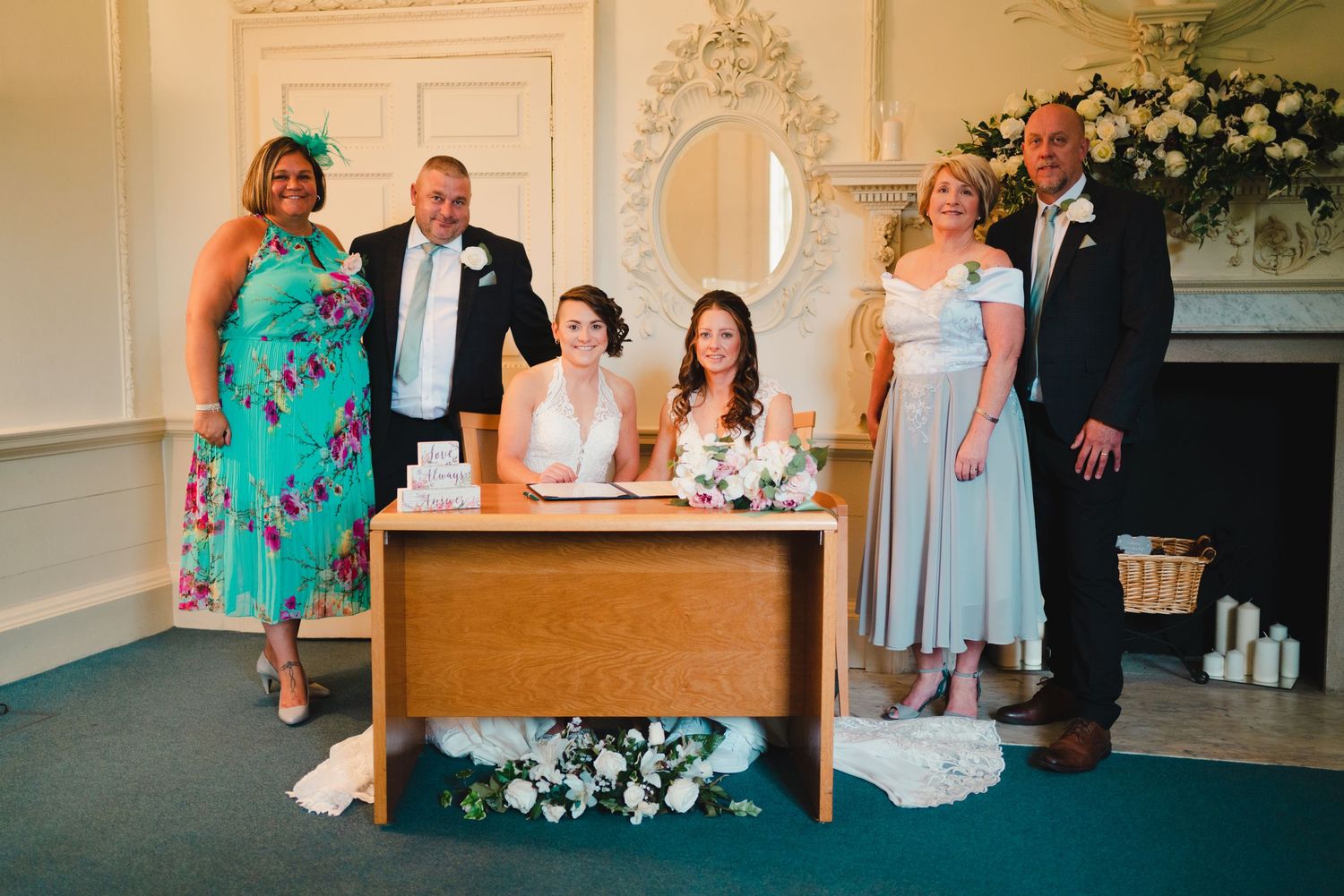 Wedding reception scenes in an ornate ballroom with piano and floral decorations.