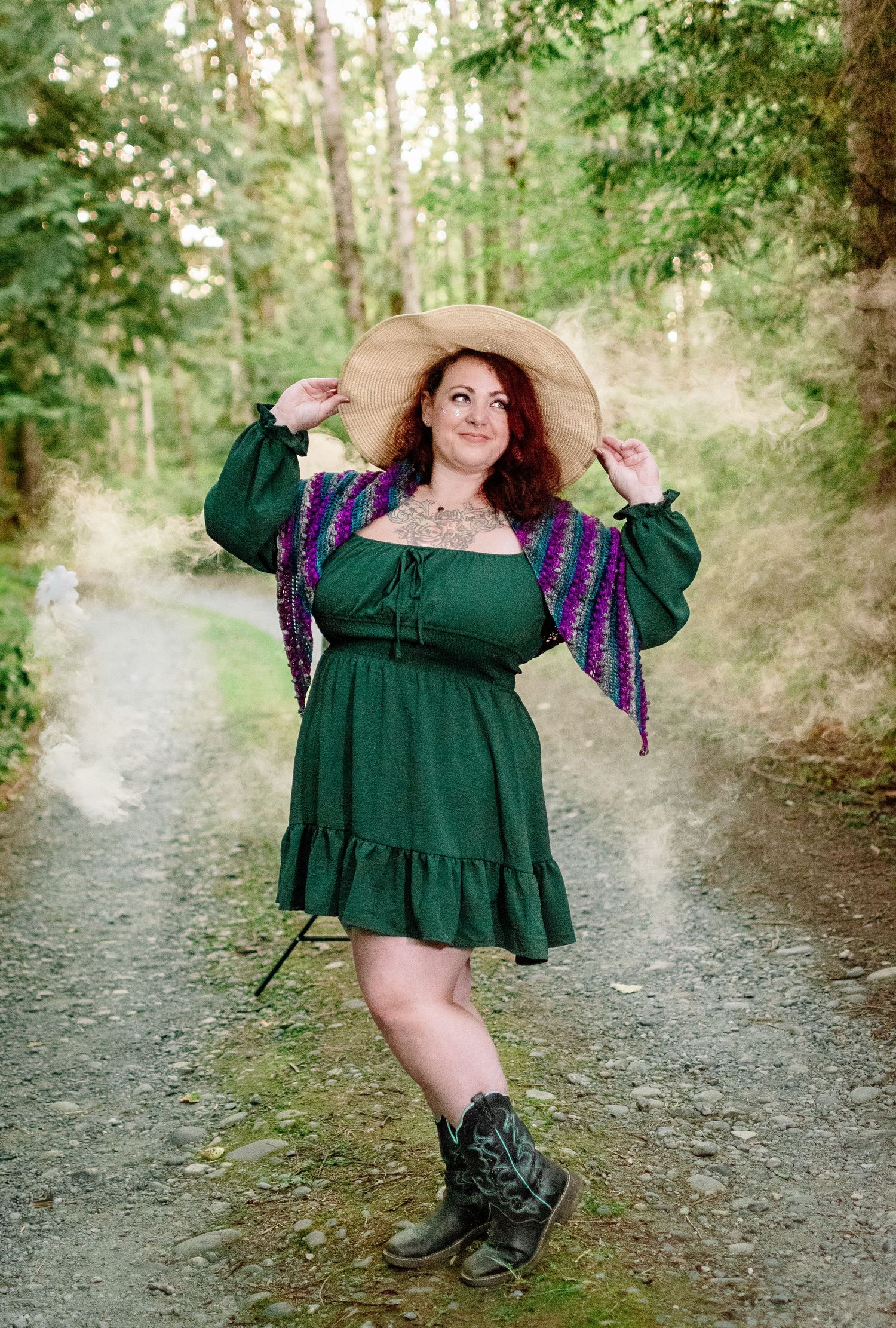 Model in forest path at The Pole Garden in Monroe, WA during styled photography session.