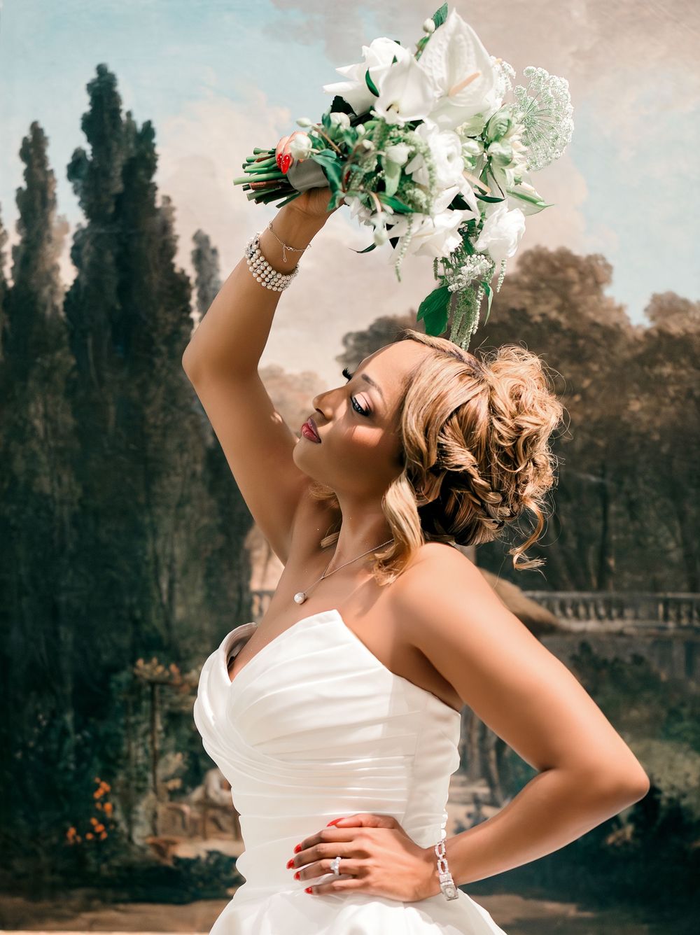Four sequential photos show bride in white dress twirling in a garden setting with elegant greenery and trees.