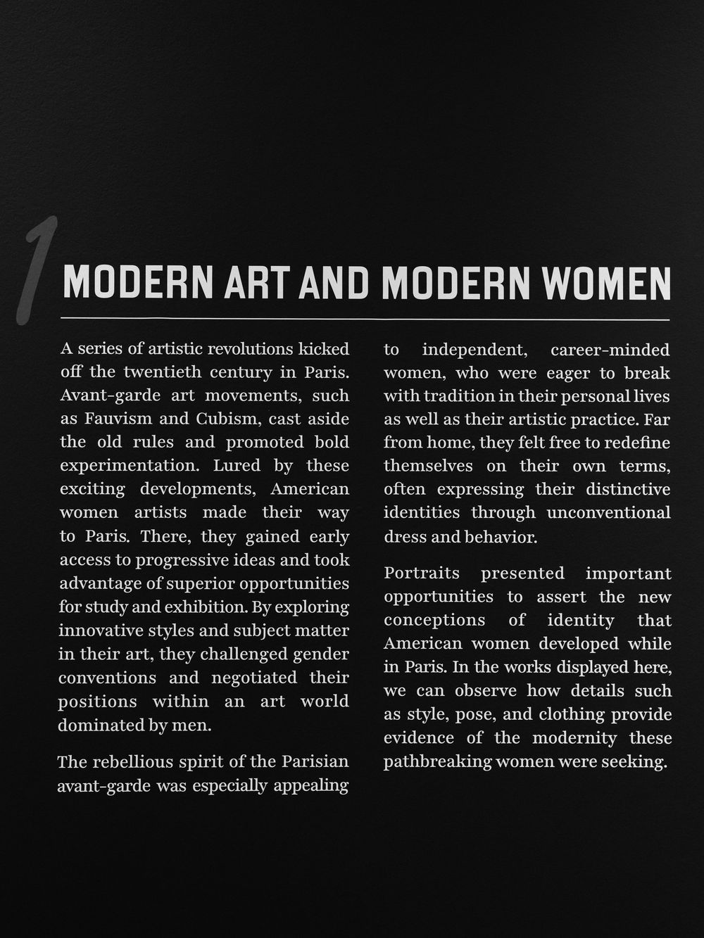 A black and white page displaying text about modern art and modern women with the number 1 visible in the top left corner.