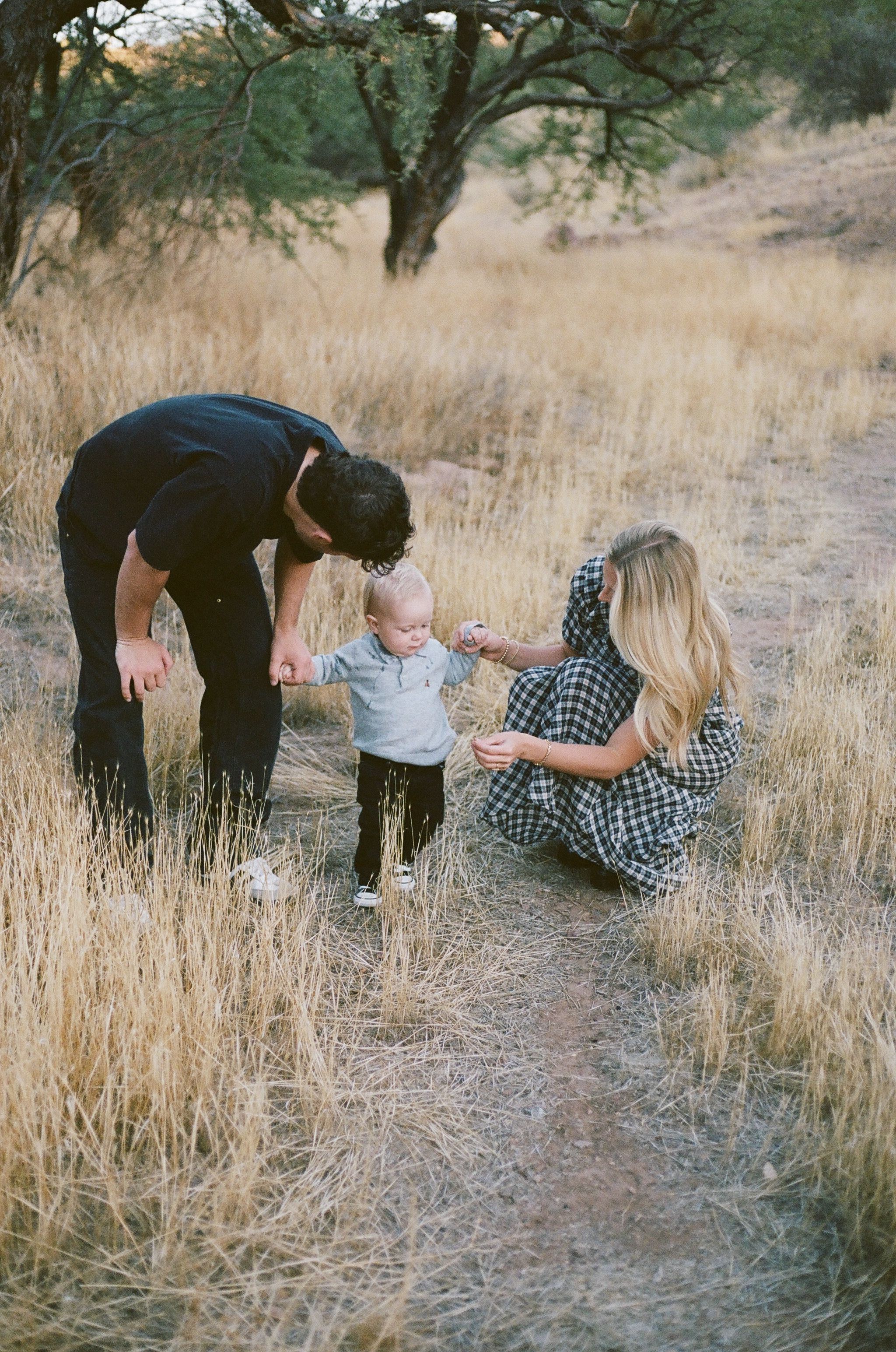 A tender family moment captured in a sun-dappled field of tall grass.