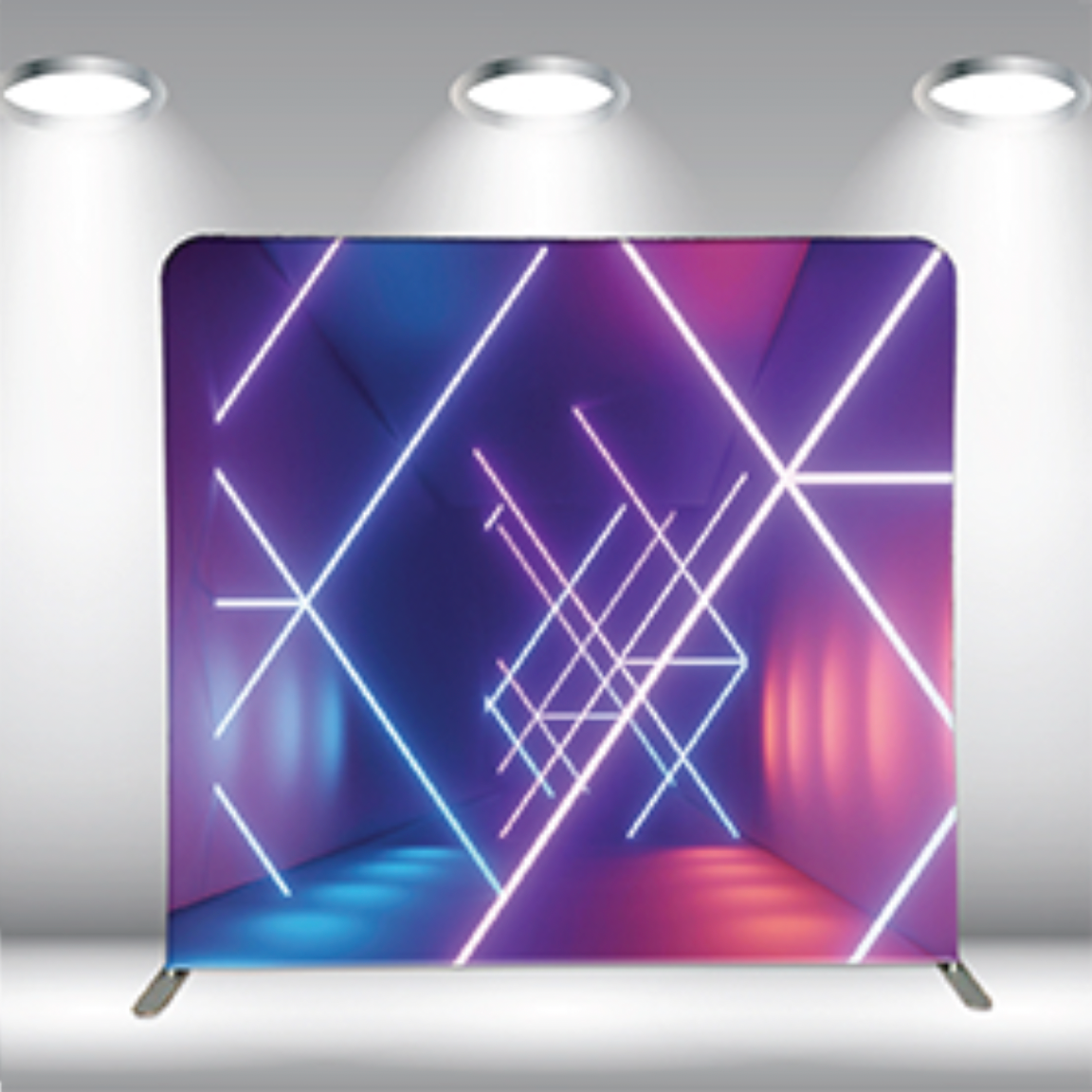 Abstract geometric pattern with glowing neon purple and blue lines creating a modern design under spotlights.