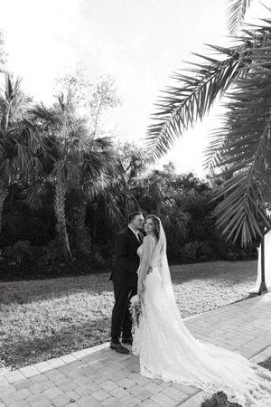 Wedding couple poses beneath palm trees on brick pathway with long flowing veil trailing behind.