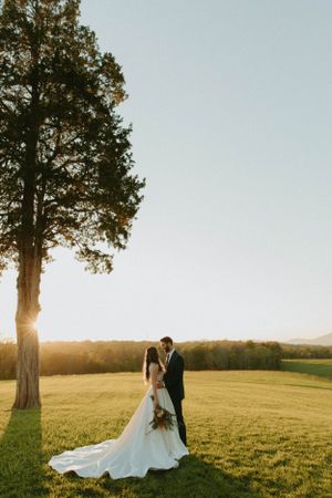 A romantic sunset wedding portrait with the couple standing beneath a majestic tree.