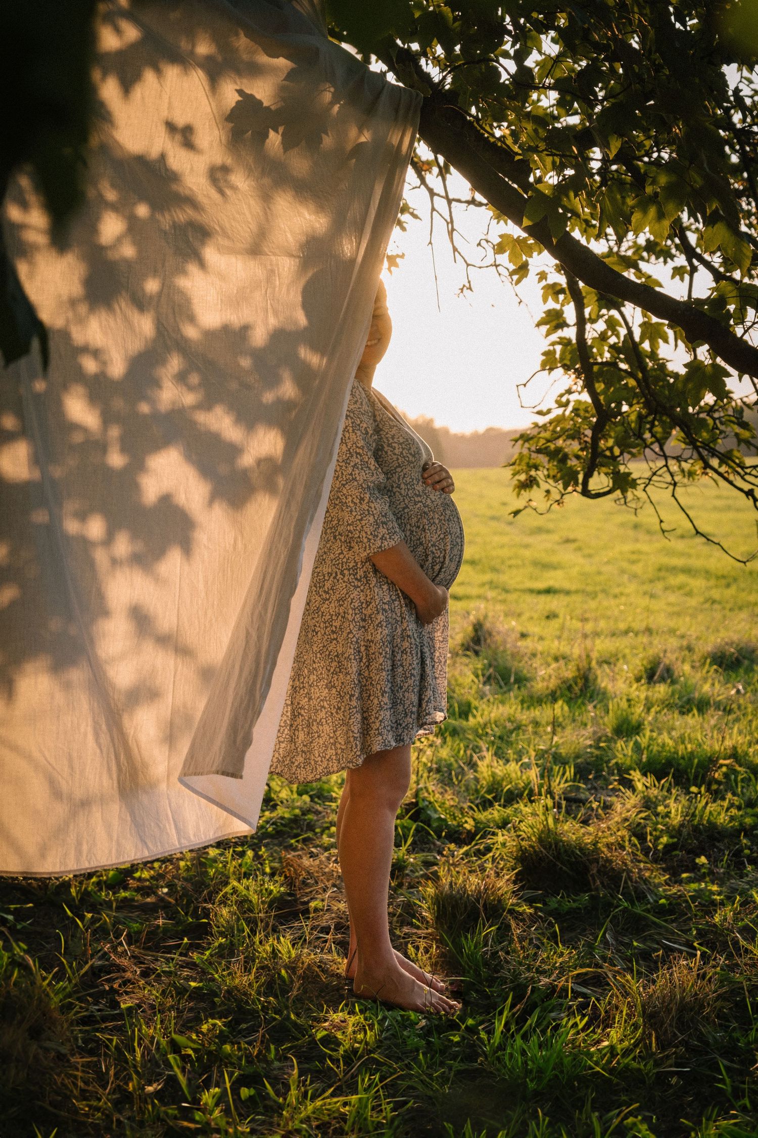 Schwangere Frau im Sonnenuntergang