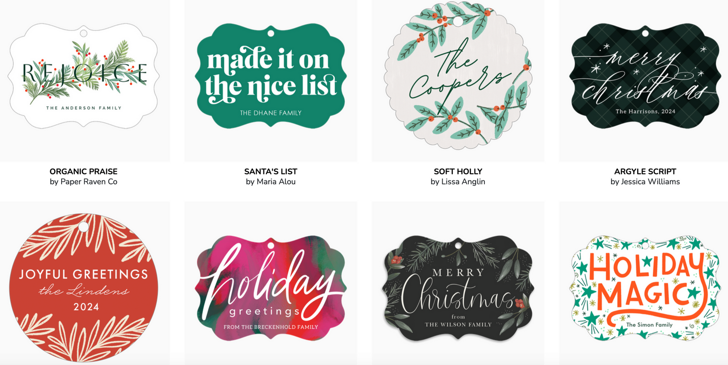 Collection of eight holiday-themed graphic design badges with festive typography and decorative elements.