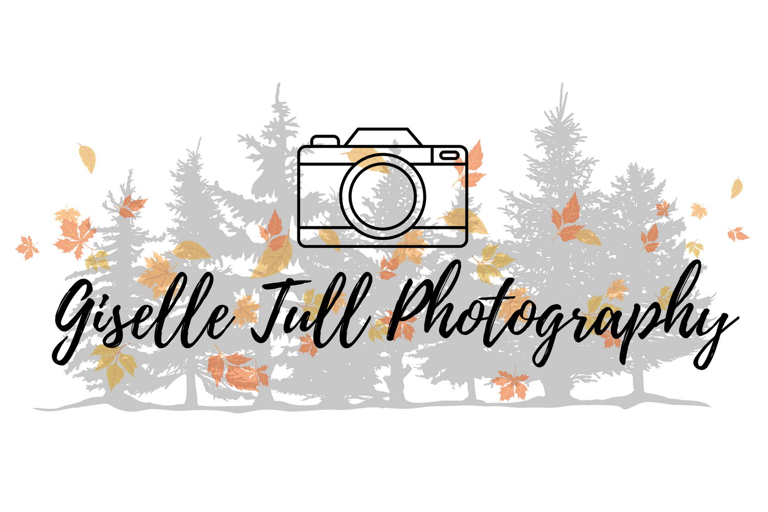 Photography logo design with camera icon and pine trees in watercolor style.