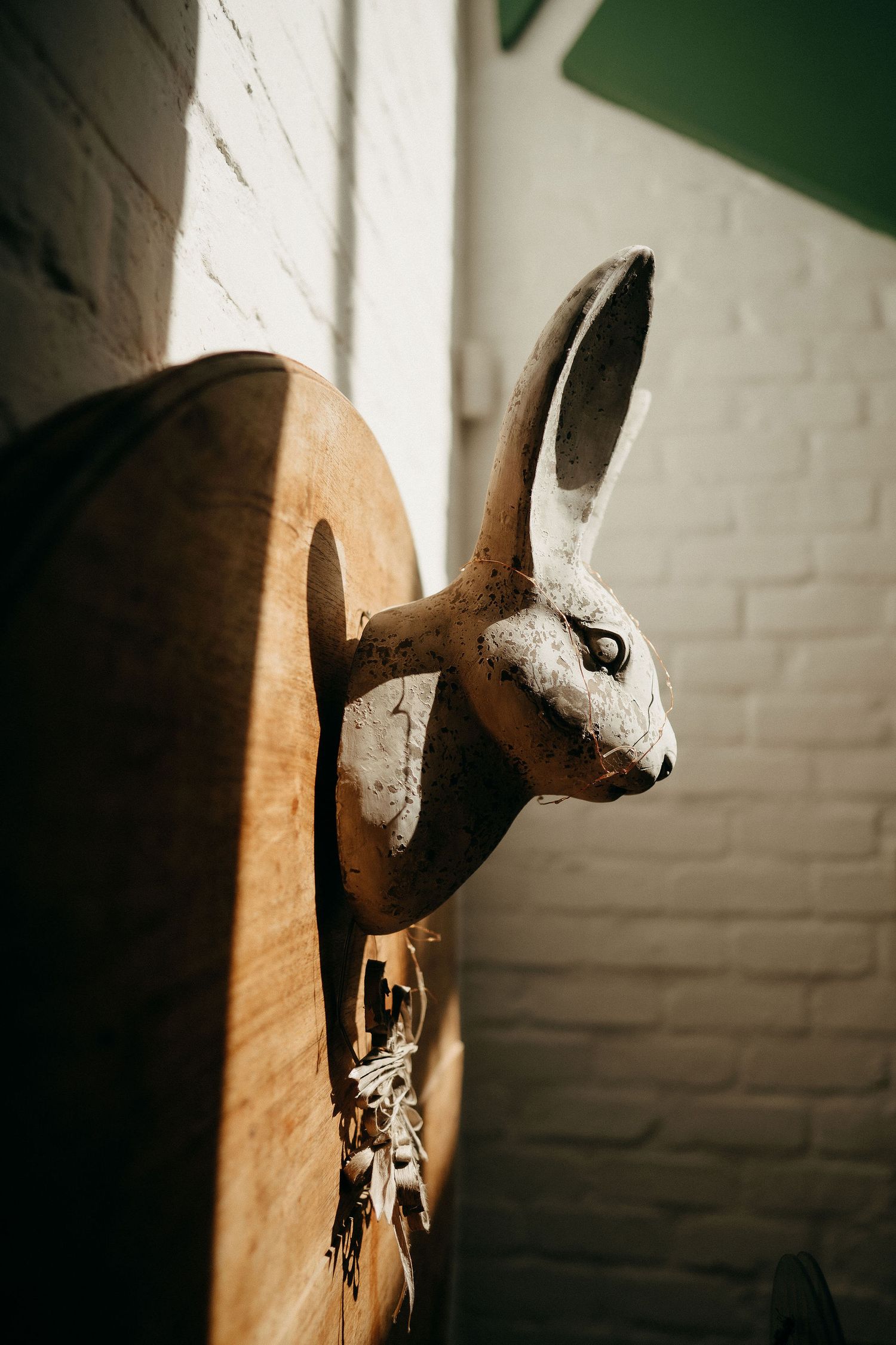 A decorative wooden rabbit head sculpture mounted on a wall with keys hanging below.