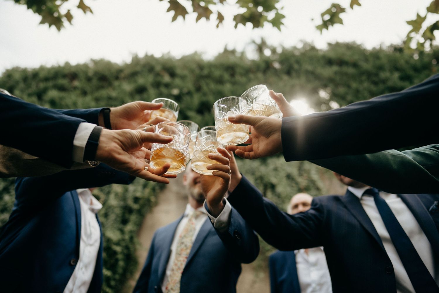 Hands in formal suits raise champagne glasses for a celebratory toast against a green outdoor background.