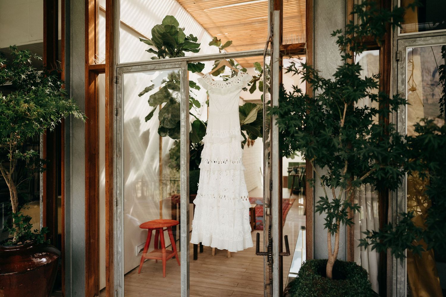 A delicate white lace wedding dress hangs between indoor plants in a sunlit room with wooden floors.