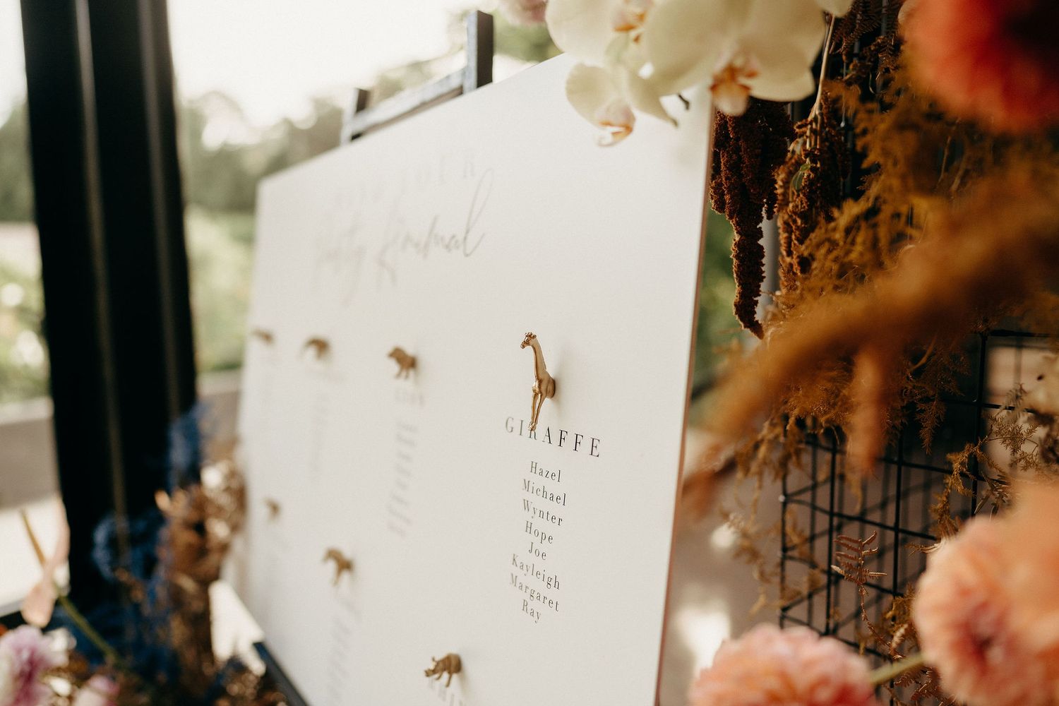 Wedding seating chart decorated with delicate floral designs and small animal illustrations on white paper.