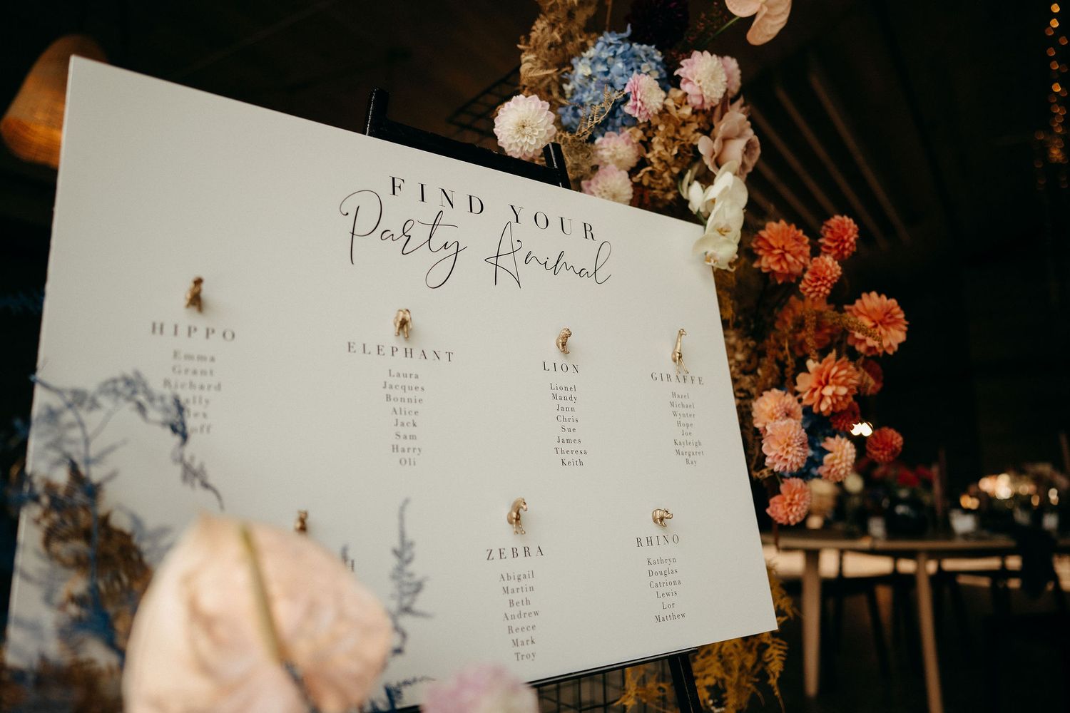 A wedding reception seating chart board displayed with floral arrangements and decorative elements in soft lighting.