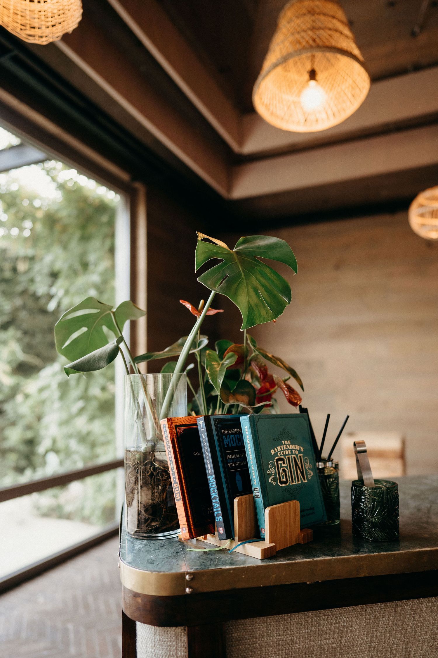 Cozy interior decor with monstera plant, books, and woven pendant lights casting warm ambiance by a window.