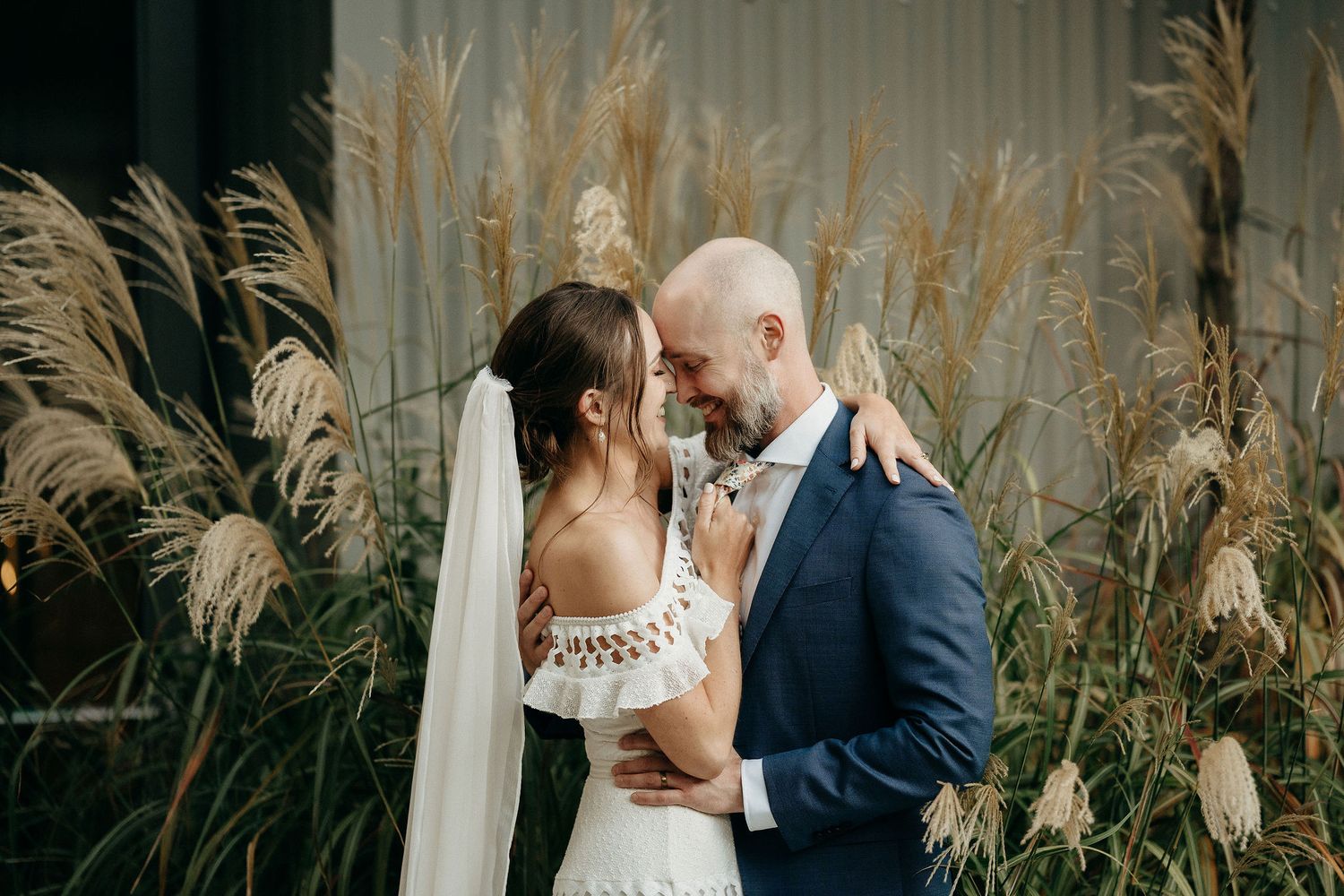 A romantic wedding couple embraces in front of tall ornamental pampas grass on their special day.