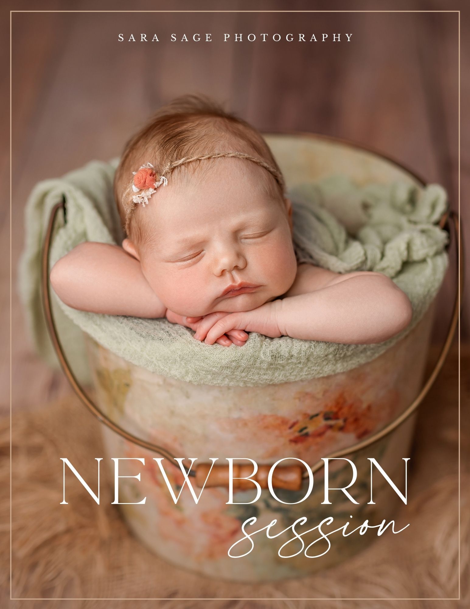 A peaceful sleeping newborn rests in a light green blanket with a delicate floral headband for a professional photo session.