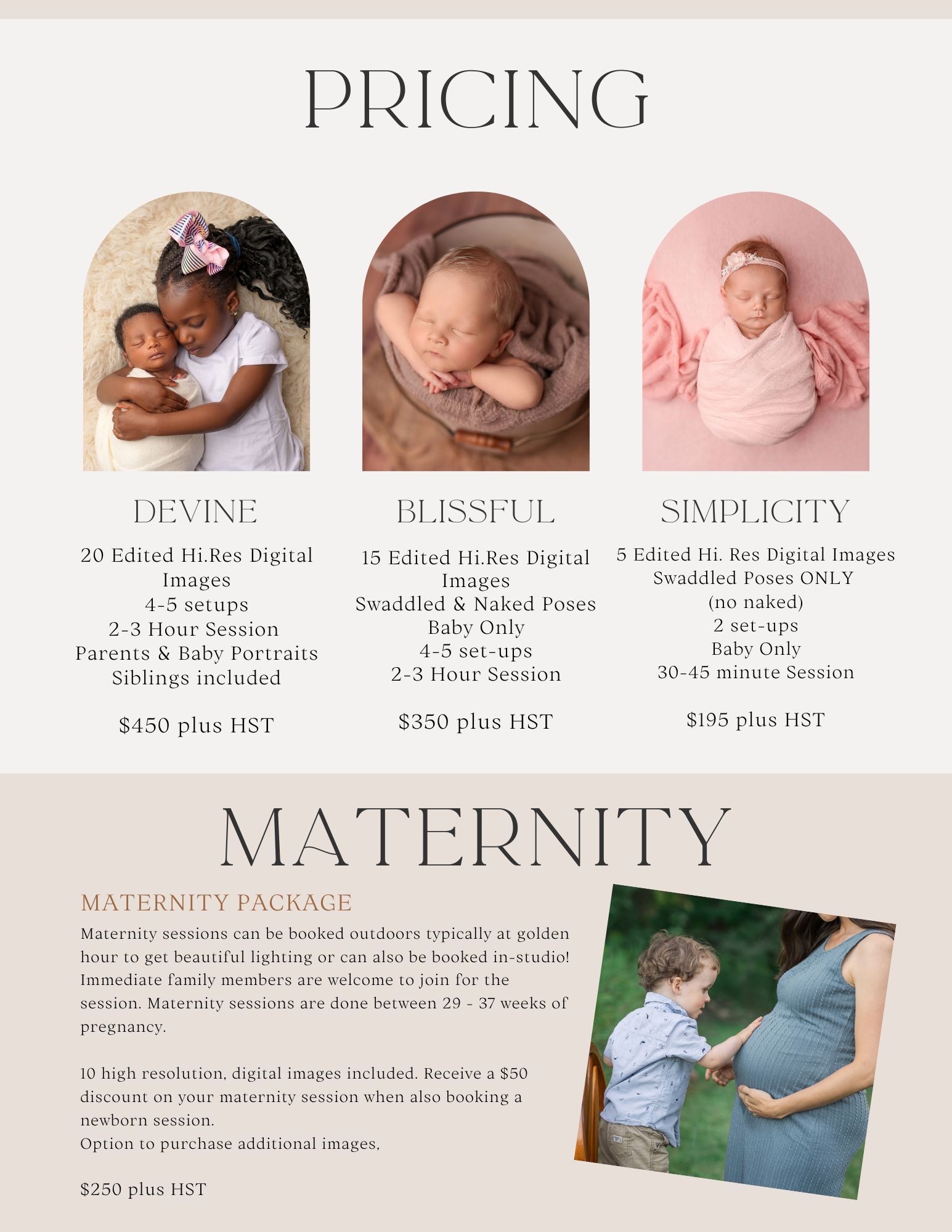 A photography pricing menu showing packages for maternity and newborn sessions with sample photos and pricing details.