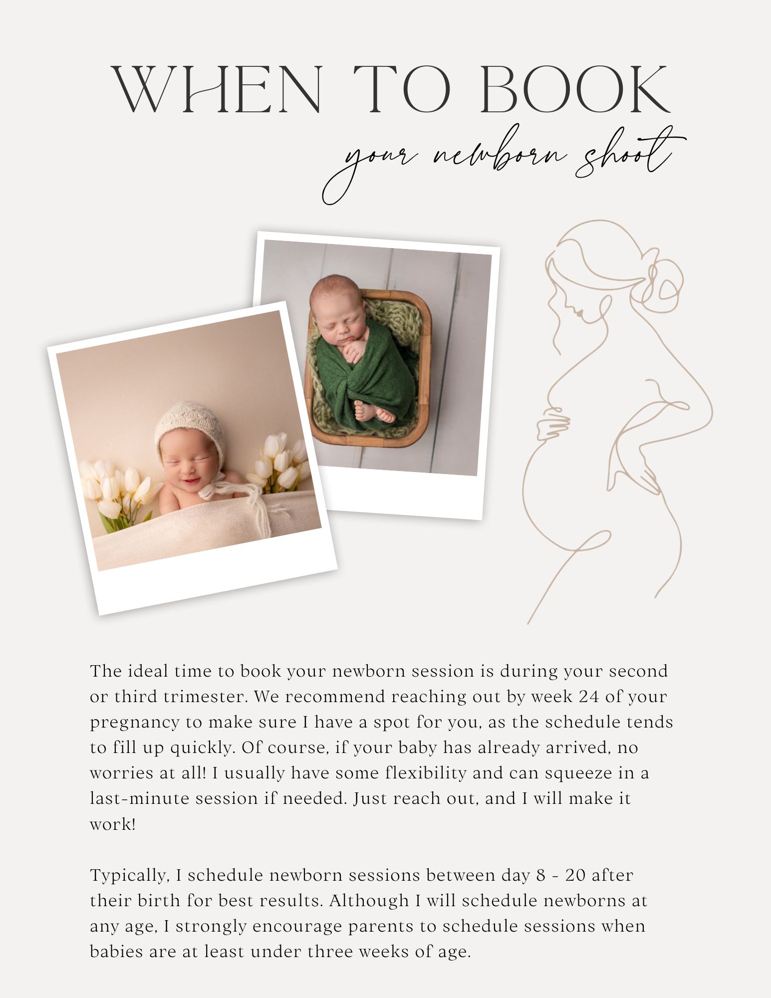 A collage layout of photography tips and notes about when to book newborn photography sessions.