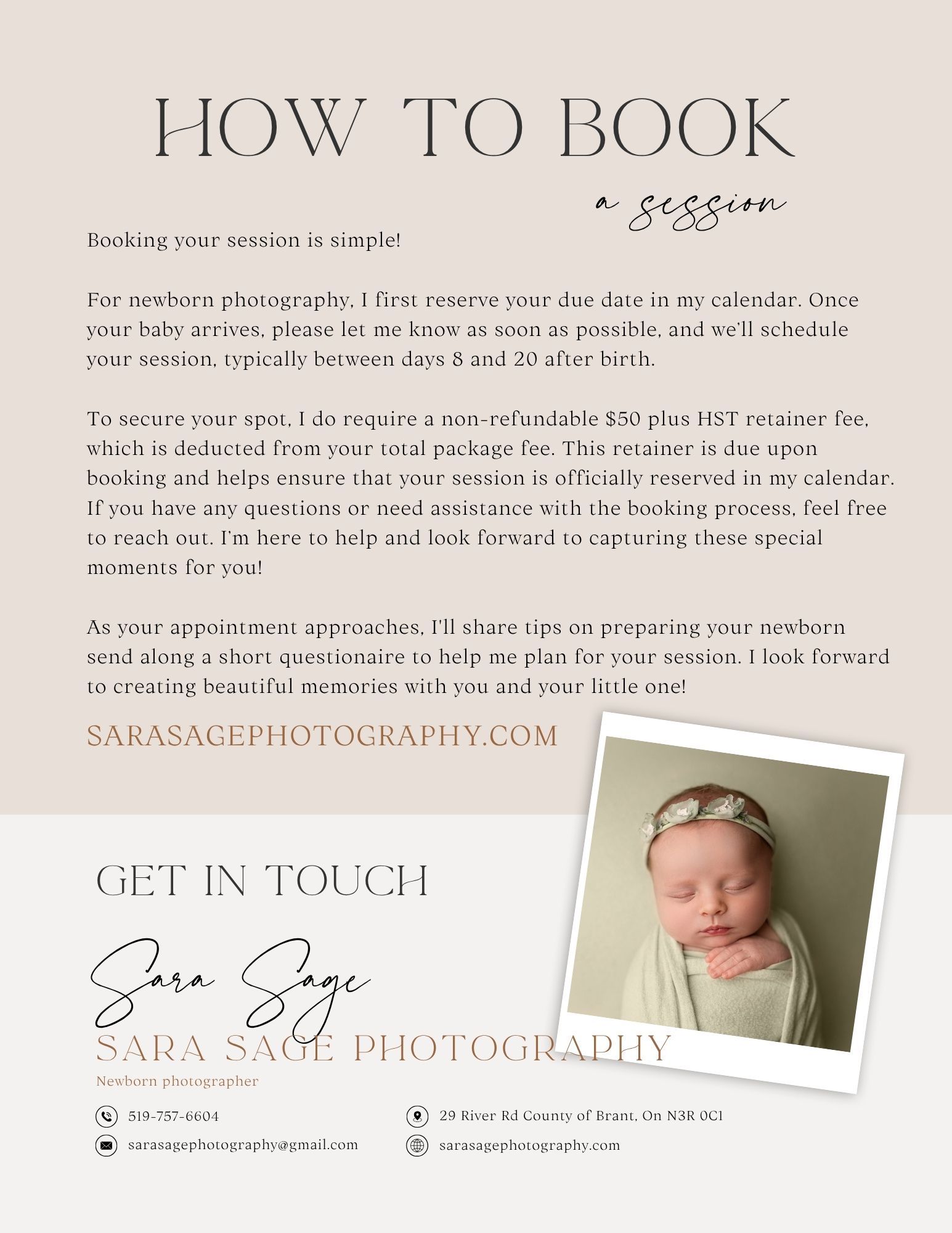 Photography booking information page with newborn session details, pricing and contact information on beige background.