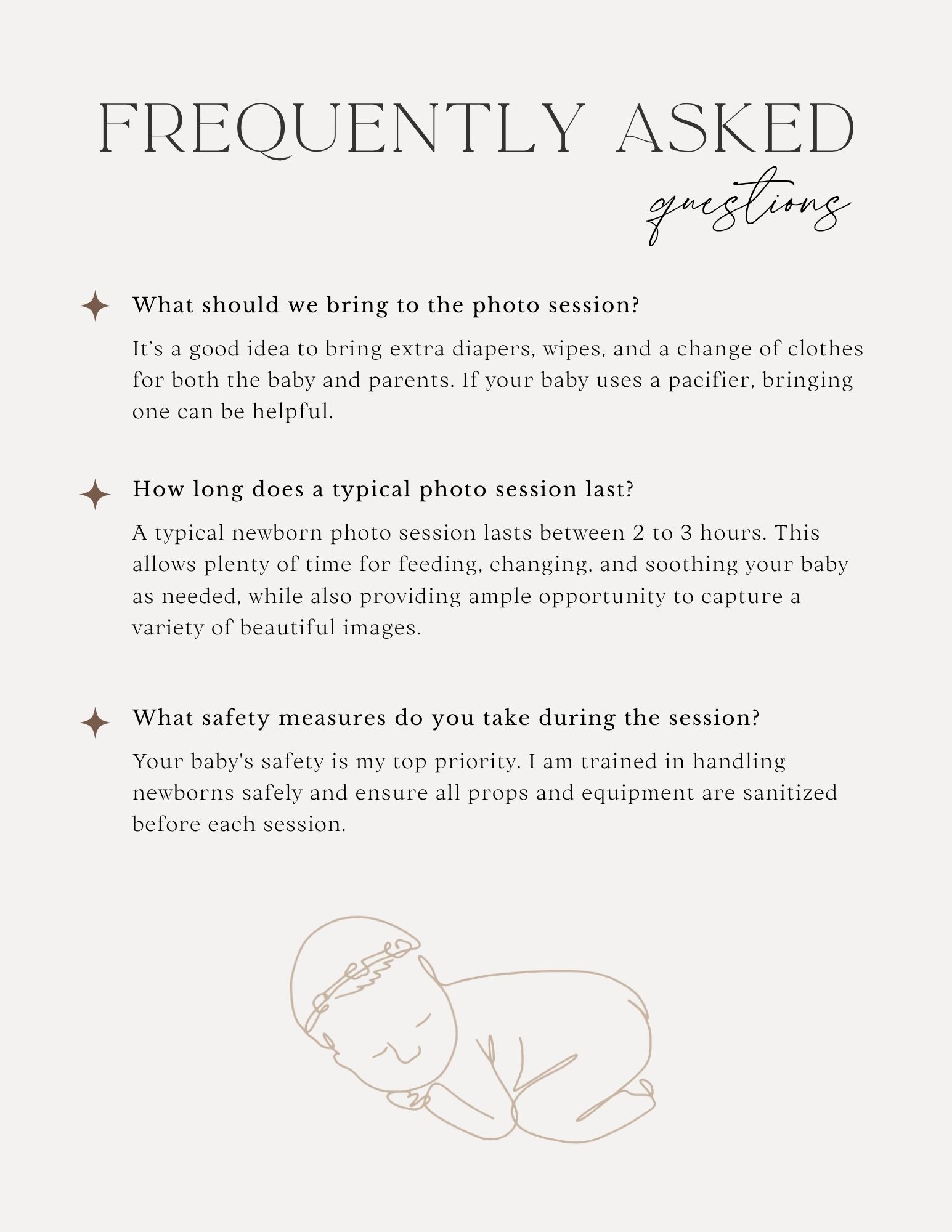 Clean layout of a frequently asked questions section on a white page with delicate line drawings and soft typography.