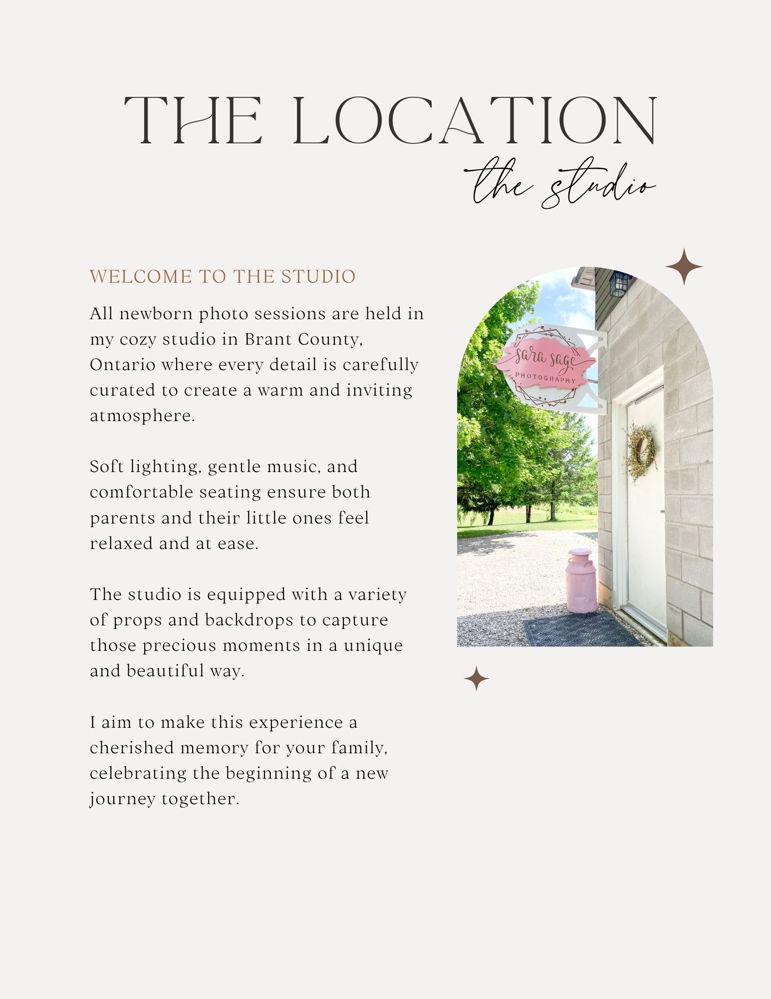 White text overlays on light neutral backgrounds showcase a studio's location and welcoming message about their space.