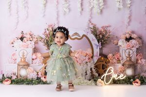 Whimsical pink and floral themed baby photography setup with delicate props and cherry blossoms.