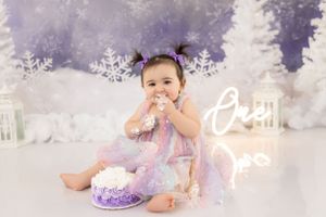 Purple and white cake smash photo session with sparkly tulle dress and winter wonderland themed backdrop.