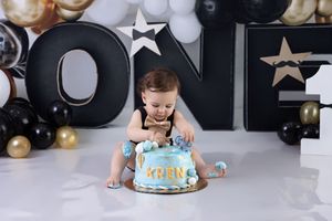A series of photos showing someone decorating and enjoying a blue and white birthday cake with gold accents.