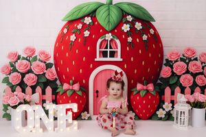Pink and red strawberry-themed baby photo backdrop with white doors, lanterns, and rose decorations against a neutral wall.