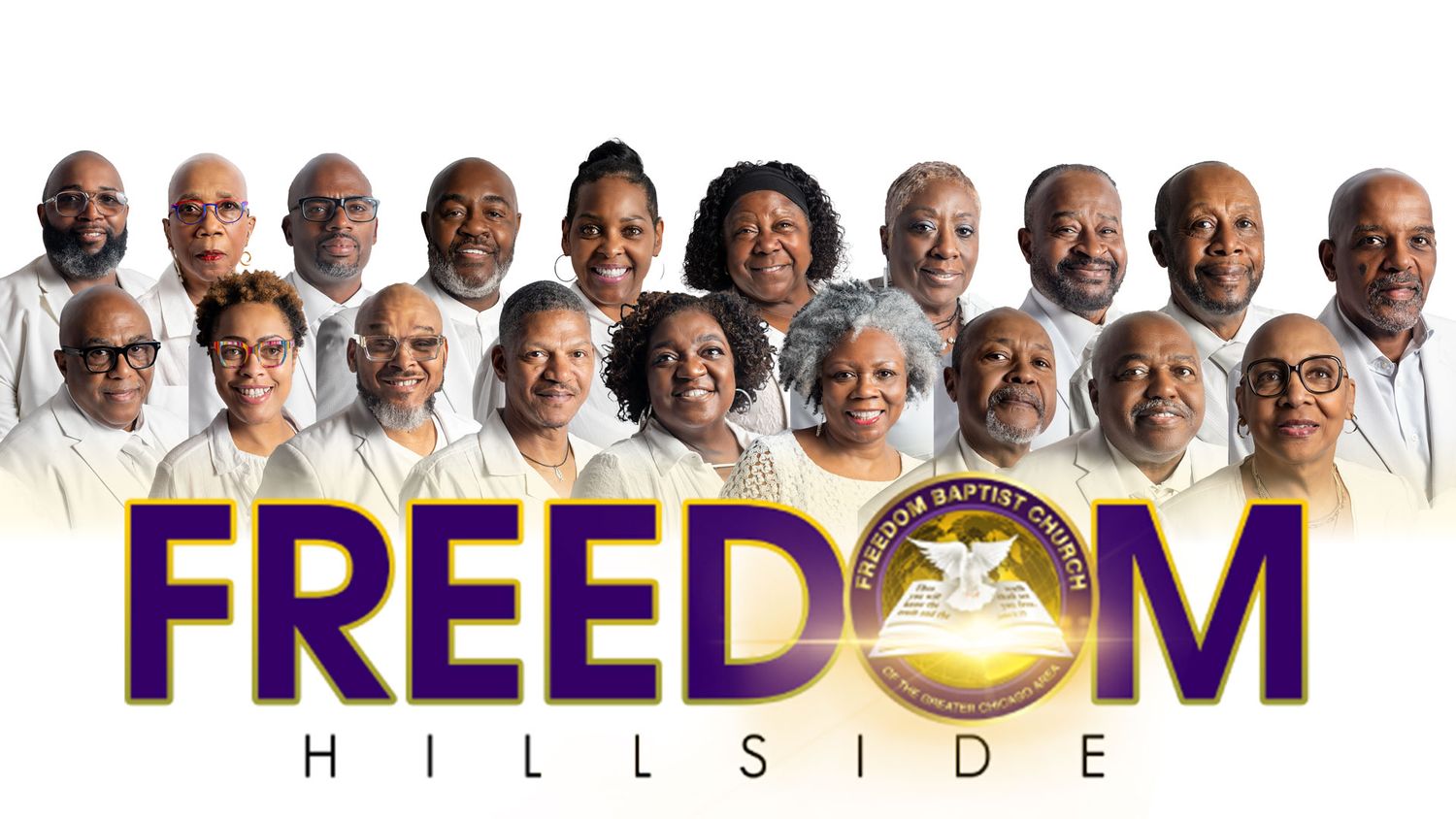 A church logo design for Freedom Hillside featuring a group of smiling individuals arranged in rows above colorful text.