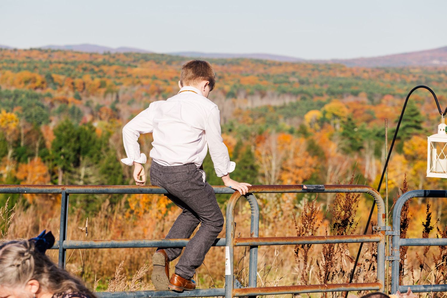 Person sitting on metal railing overlooking colorful fall foliage landscape.