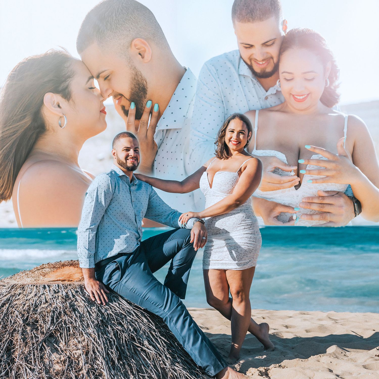Series of romantic beach engagement photos with turquoise ocean backdrop.