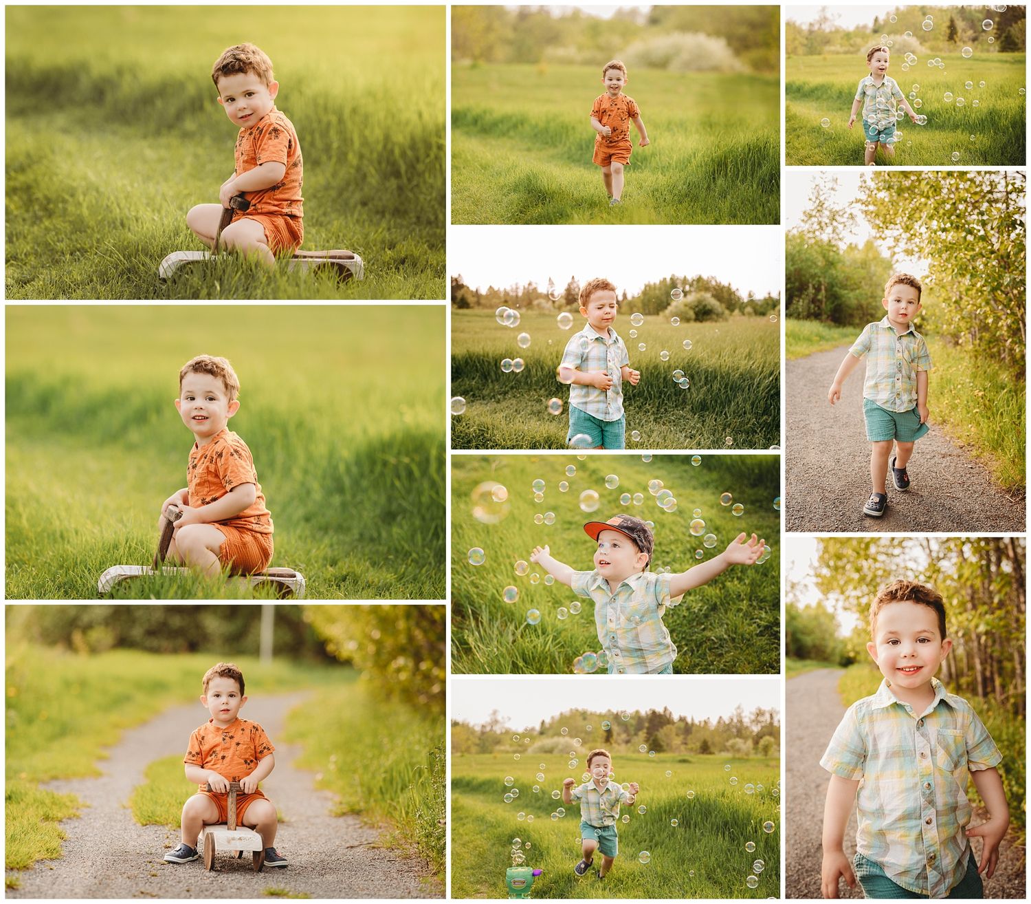 Summer photo collage of playful moments in a sunlit grassy field.