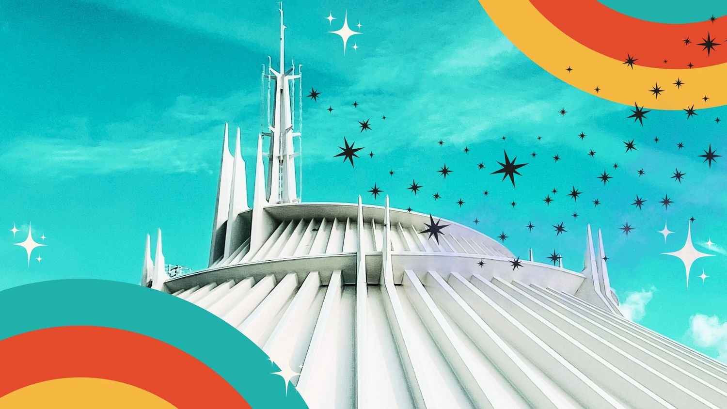 Space Mountain exterior view at Disney theme park against turquoise sky.
