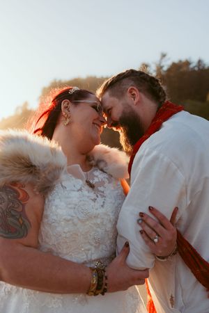 Wedding couple shares intimate romantic moments in a series of close-up photos at sunset.
