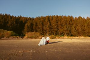 Panoramic beach wedding scene with evergreen forest backdrop and newlyweds on sandy shore.
