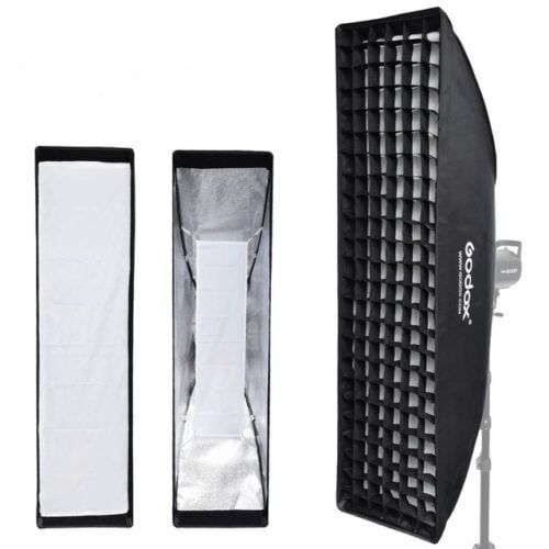 Professional rectangular softbox lighting modifier with grid pattern shown at different angles and assembly stages.