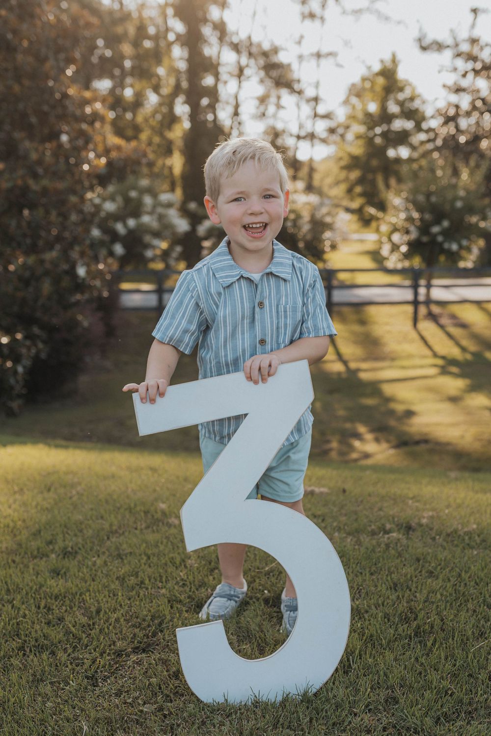 A child in blue striped shirt holds a large white number 3 while standing on grass.