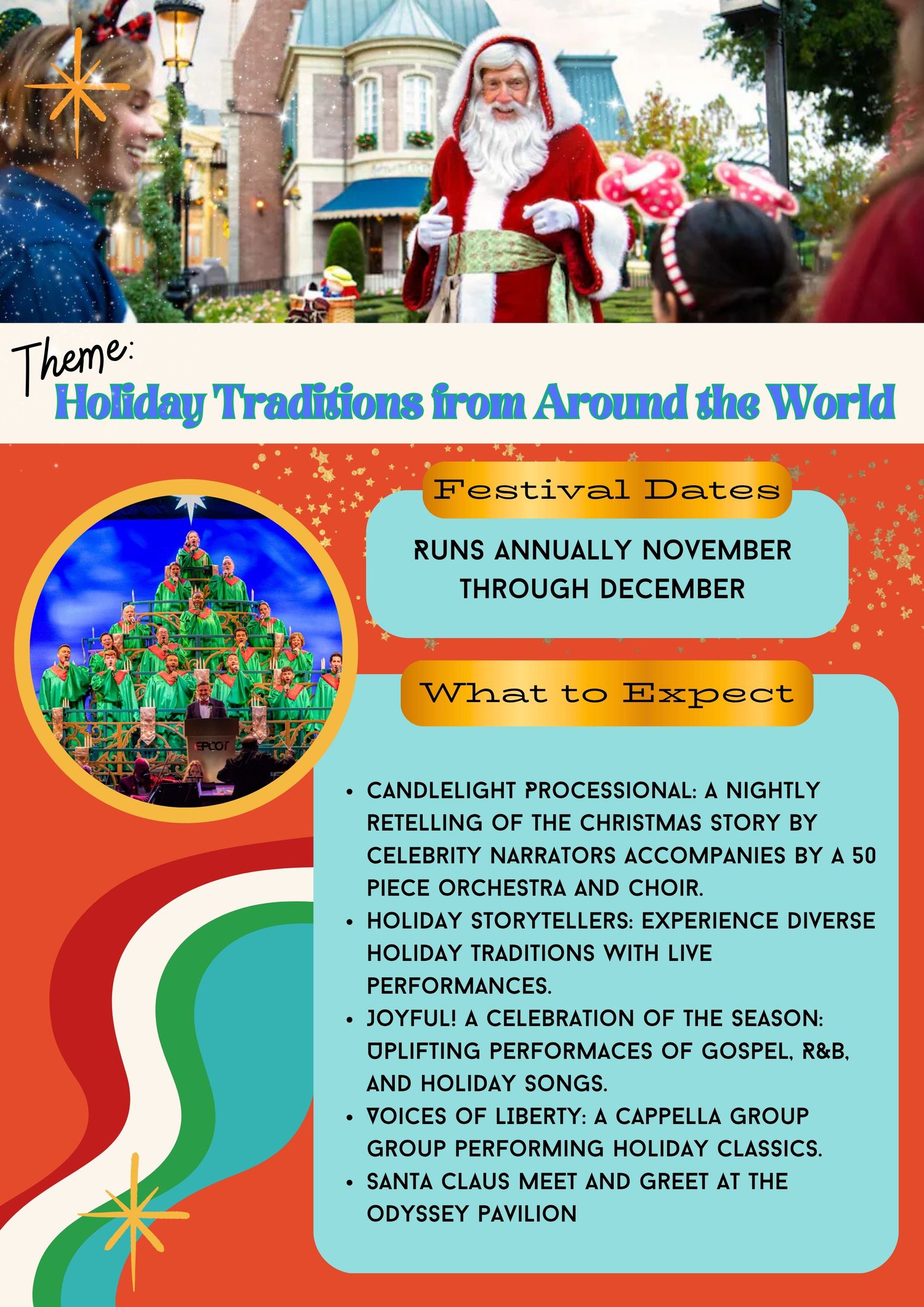 Event information poster for EPCOT's Holiday Traditions festival featuring festive imagery and schedule details.
