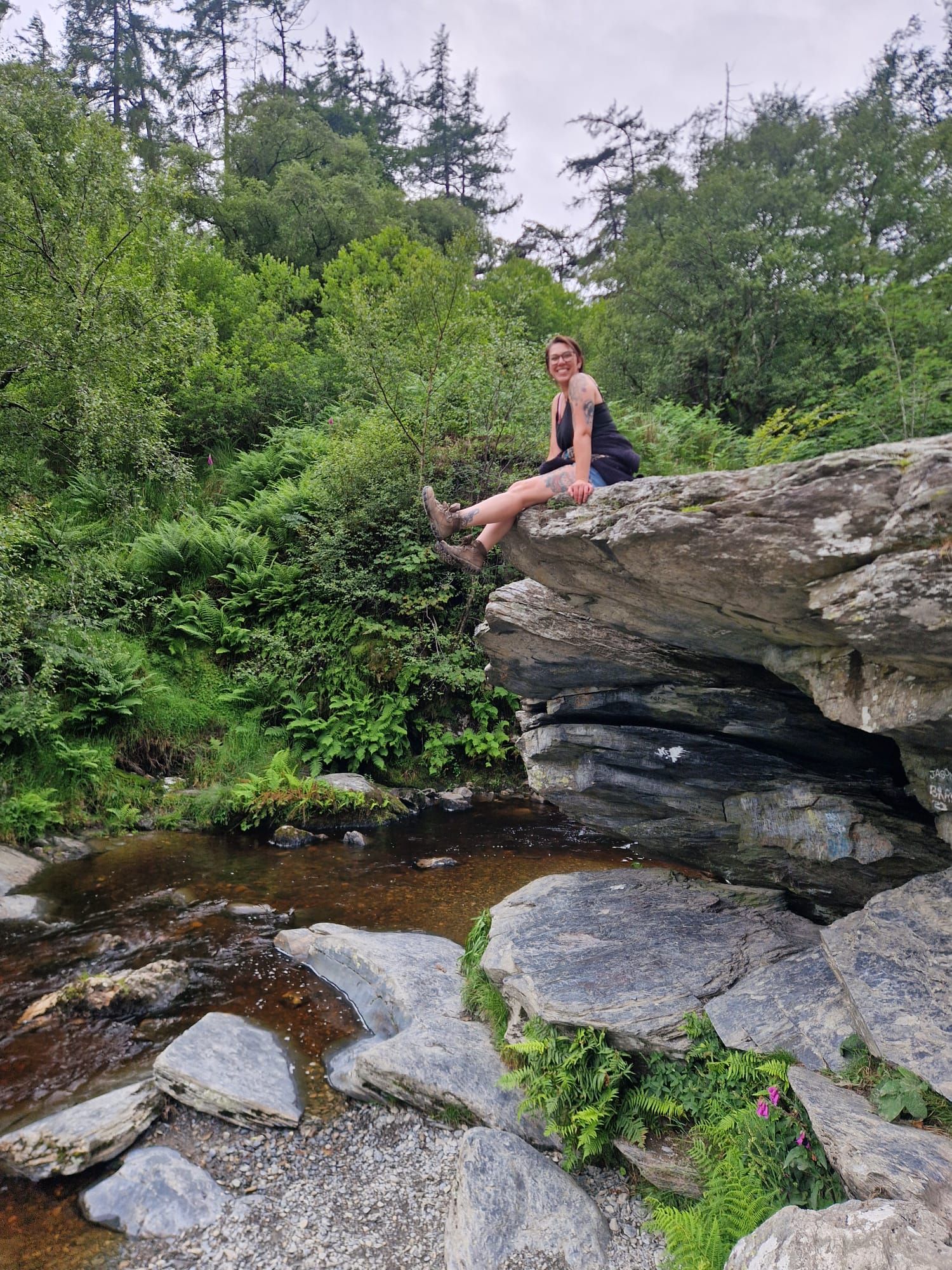 Rocky outcropping and natural stone formations in a lush green forest landscape.