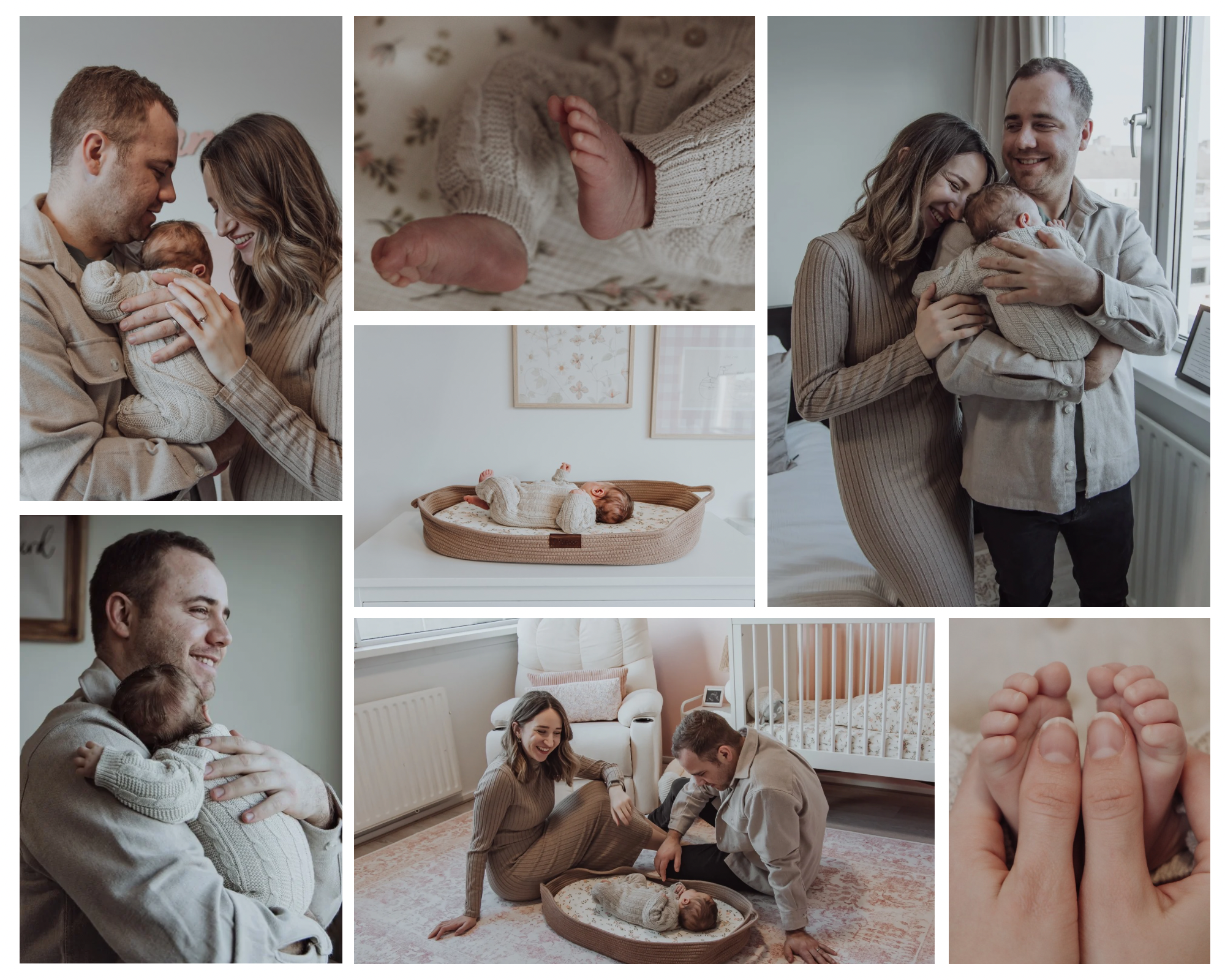Natural lifestyle newborn photos showing intimate first moments at home with warm, muted tones and natural lighting in Etten-Leur