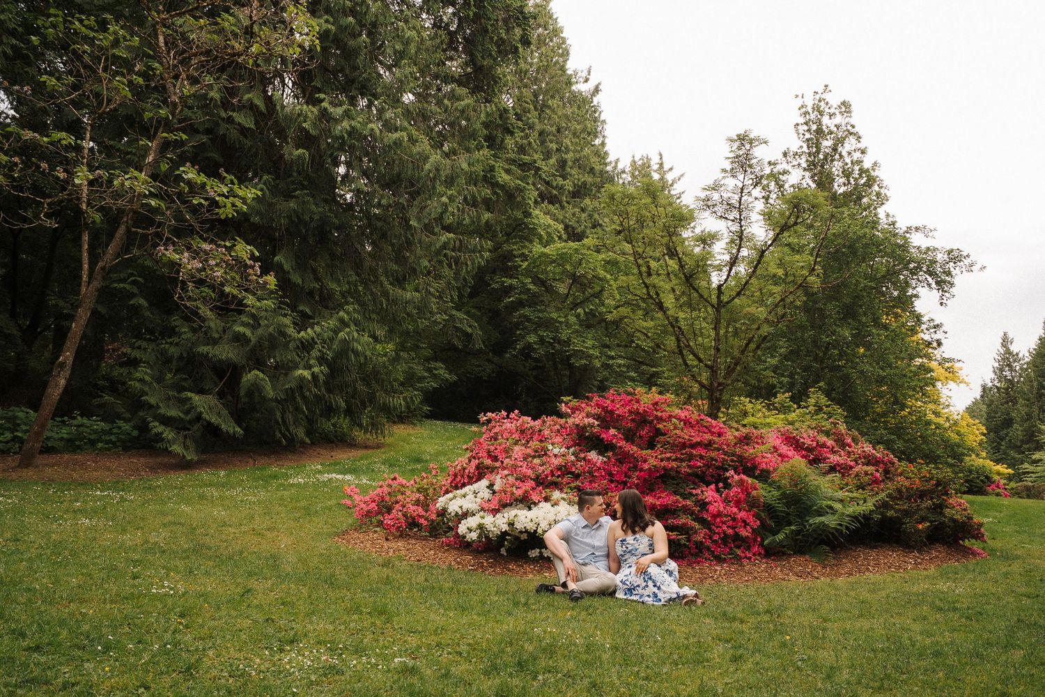 A picnic blanket set in front of bright red azalea bushes on a lush green lawn bordered by tall trees.