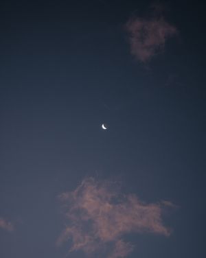 A crescent moon glows in a dusky purple sky with wispy pink clouds at sunset.