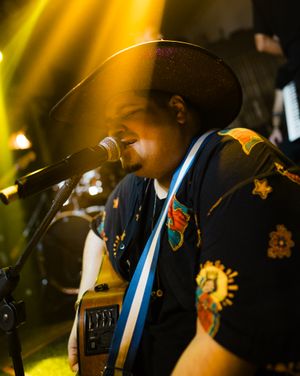 Musician in a dark embroidered jacket performs on stage under dramatic yellow lighting with a microphone.