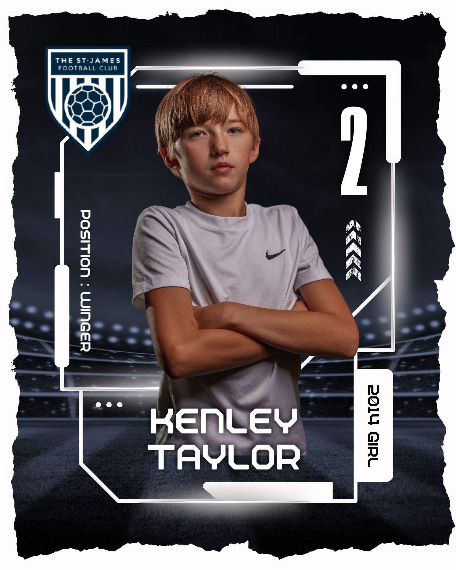 Soccer player wearing a white Nike t-shirt shown on a dark sports trading card with player number 2.